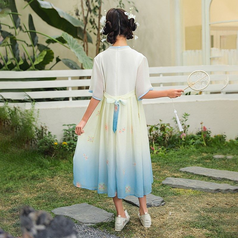 胖女童连衣裙儿童夏季加肥加大短袖汉服裙中大童古装国风大码裙子