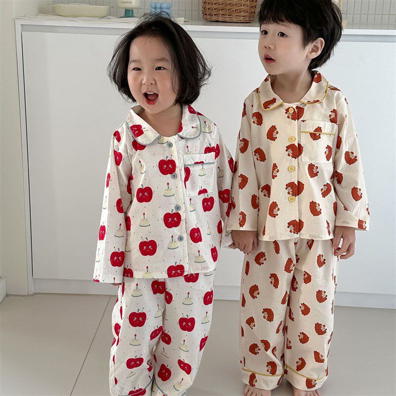 韩国儿童家居服棉纱2024春夏款长袖长裤空调服男女童睡衣宝宝套装