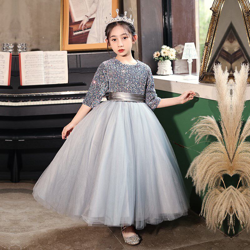 儿童礼服公主裙女童高端灰色小女孩花童主持人钢琴演出服演奏秋冬
