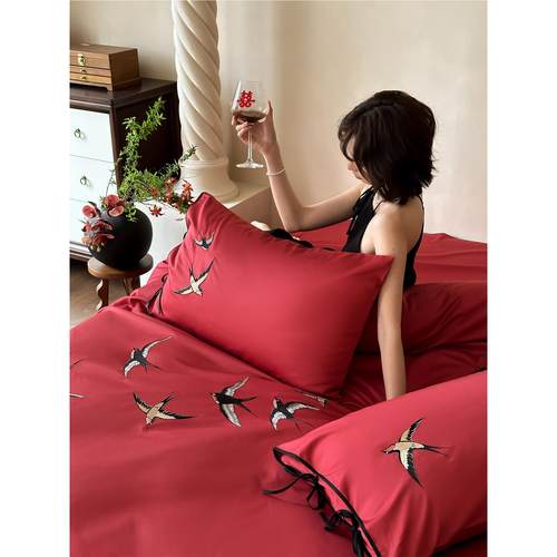 新婚燕尔简约婚庆四件套全棉100S小燕子刺绣红色结婚被套床单床笠