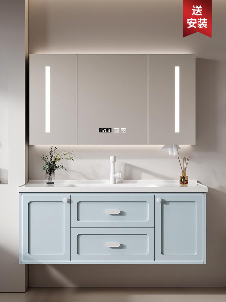 法式橡木浴室柜组合陶瓷一体盆洗漱卫生洗手间洗脸洗手盆柜挂墙式