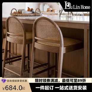 家用吧台高脚凳前台白蜡木高脚椅 藤编实木吧台椅中古风酒吧椅日式
