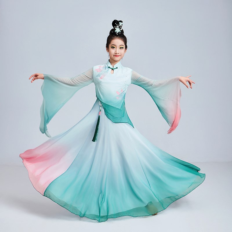 烟雨江南古典舞蹈演出服飘逸儿童新款古风大裙摆练功服扇子舞艺考