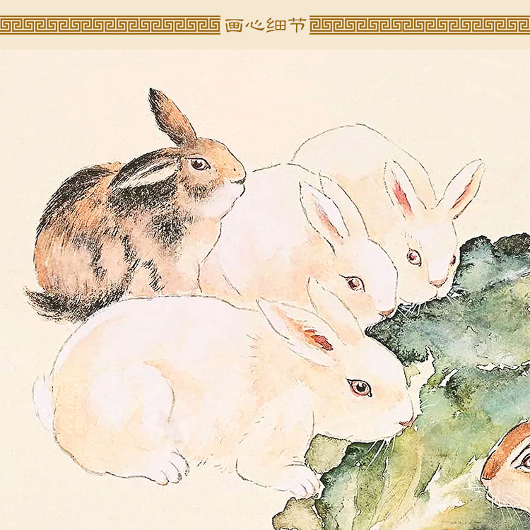 兔子蔬菜发财图动物画 绢布卷轴挂画 兔年复古书房客厅装饰画定制图片