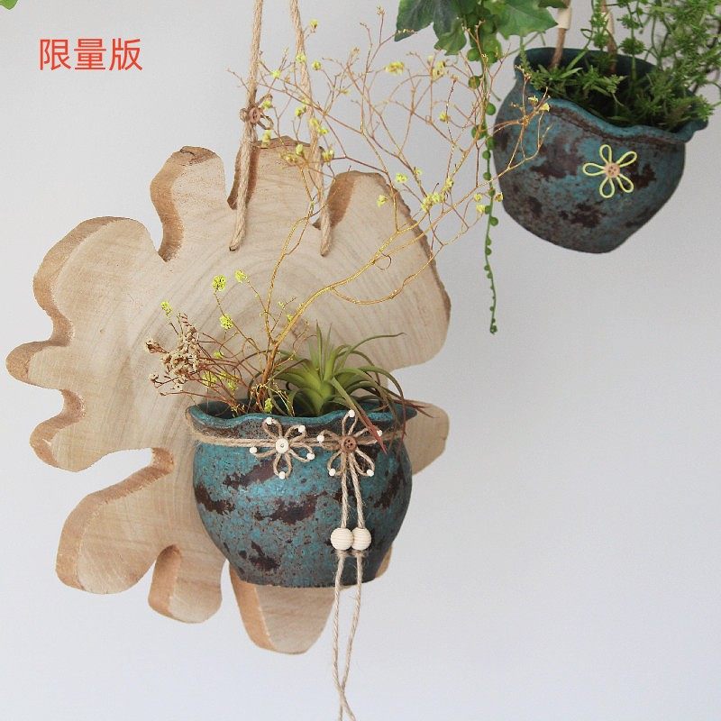 带实木板悬挂粗陶罐手工盆做旧器复古器田园风格壁挂插
