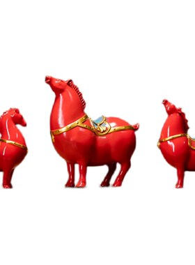 陶瓷唐马招财小博古架客厅书房电视柜酒柜红色马茶宠桌面装饰
