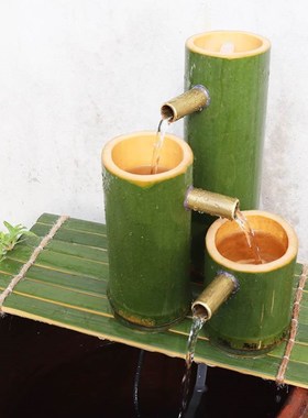 竹子流水鱼缸石槽喷泉水景水缸造景水循环竹筒流水器客厅养鱼