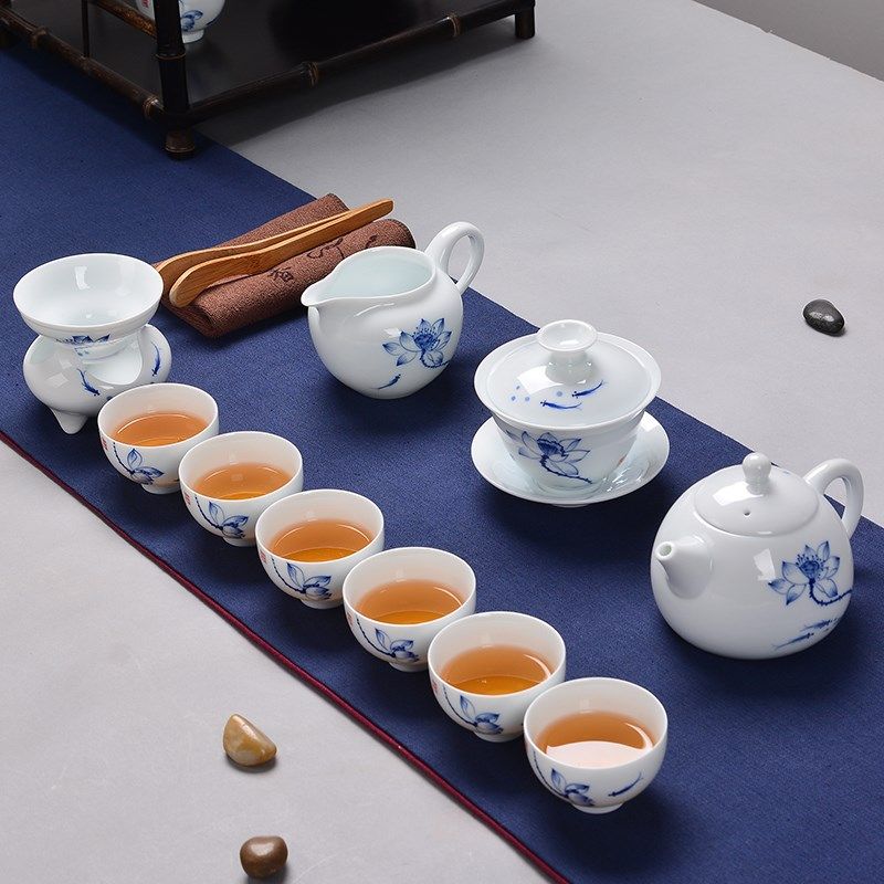 纯手绘茶具整青瓷功夫茶具茶艺荷盖碗茶杯