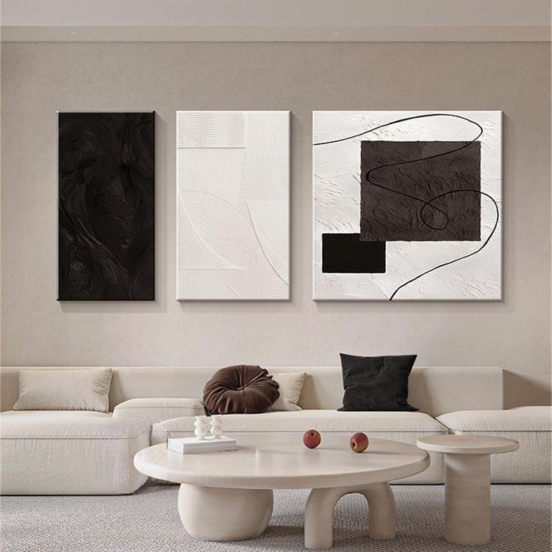 简黑白灰客厅饰画几何抽象挂画肌理砂岩画沙发背景墙壁画