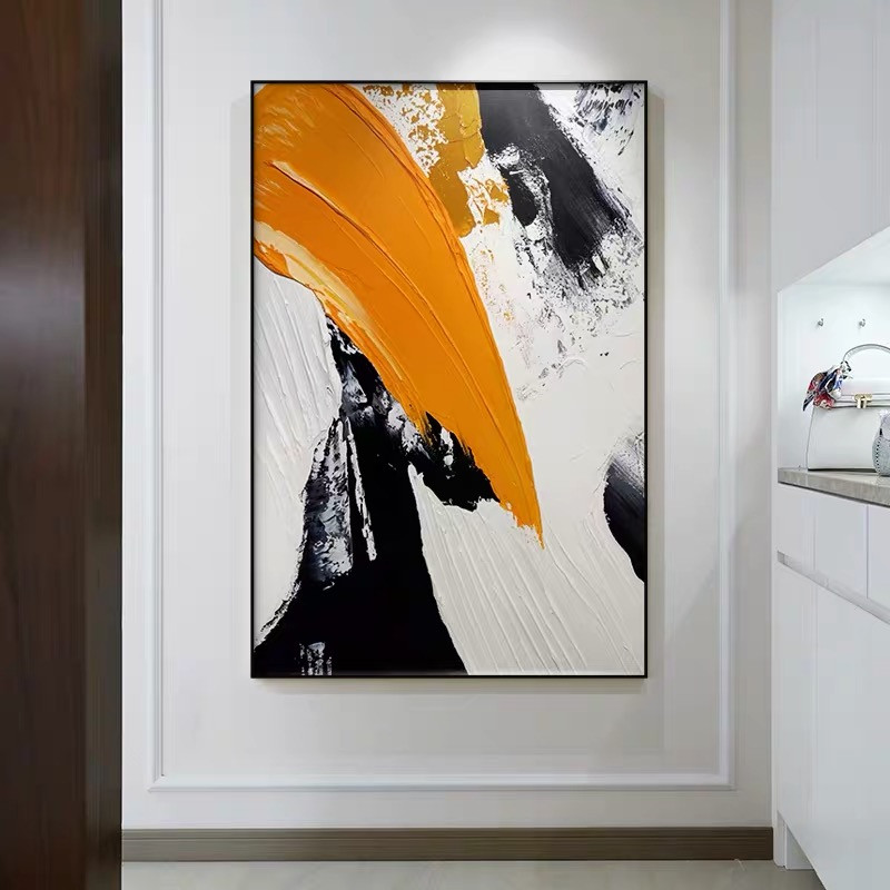 手绘油画立体抽象黑白橙饰画过道背景墙壁现代落地画客厅画