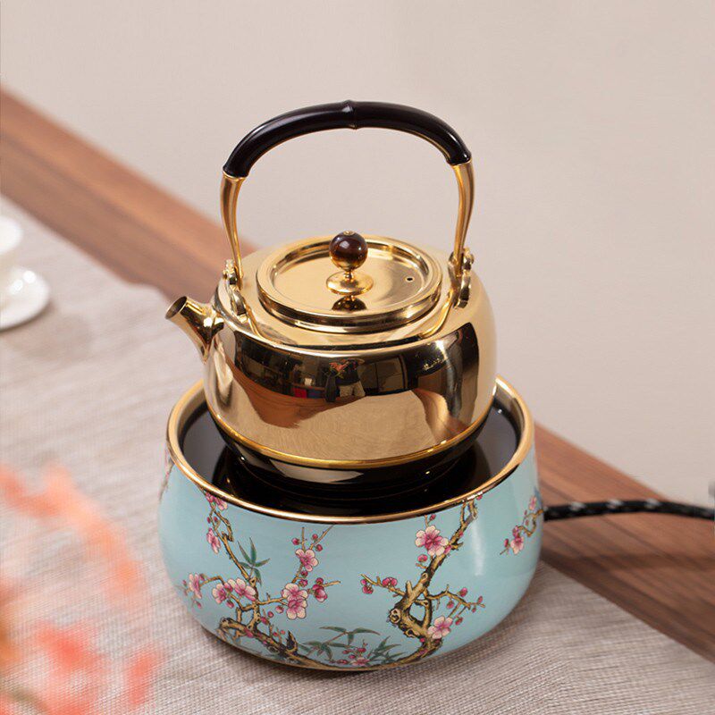 莺歌烧电陶炉茶炉静音煮茶器 烧水炉茶炉粉彩梅竹蓝地