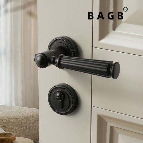 卧室门锁黑色室内机械美式房间木门门把手法式家用分体磁吸静音锁