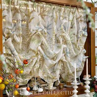 美式蕨叶纱帘厨房卧室小窗户半截窗帘绿色印花提拉帘复古门帘半帘