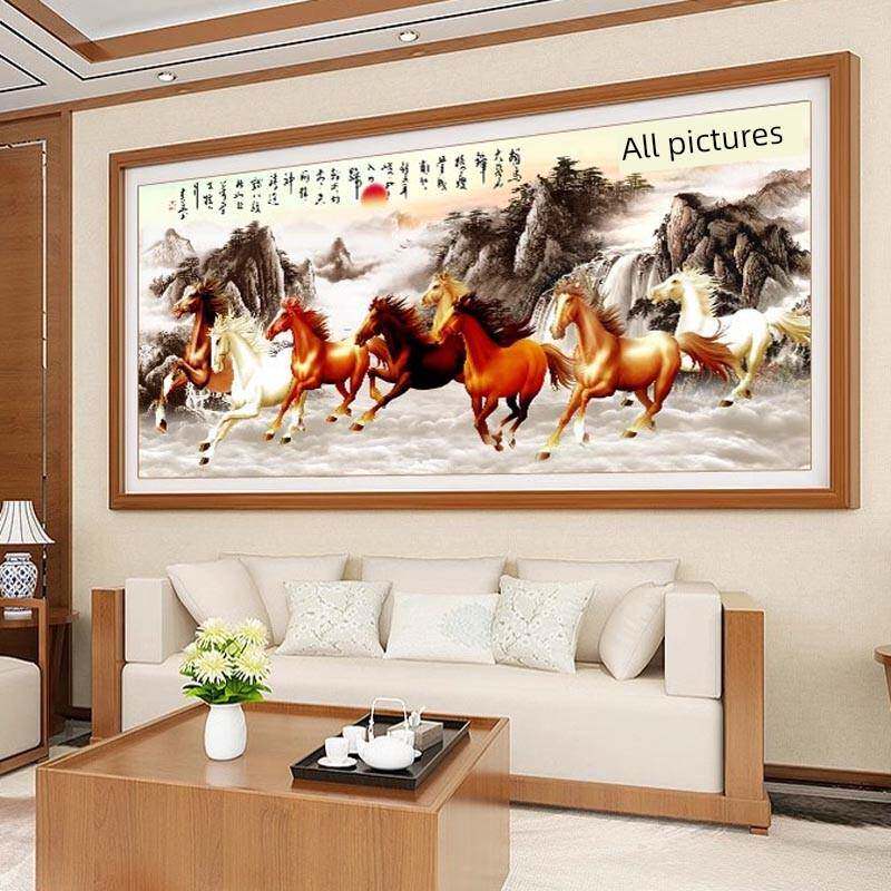 纯手工十字绣成品八骏全图马到成功新款客厅办公室中式满绣山水画