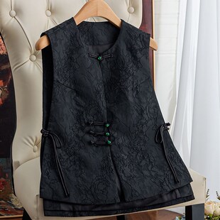高级感黑色新中式马甲背心女款复古提花小众轻国潮风盘扣叠穿上衣