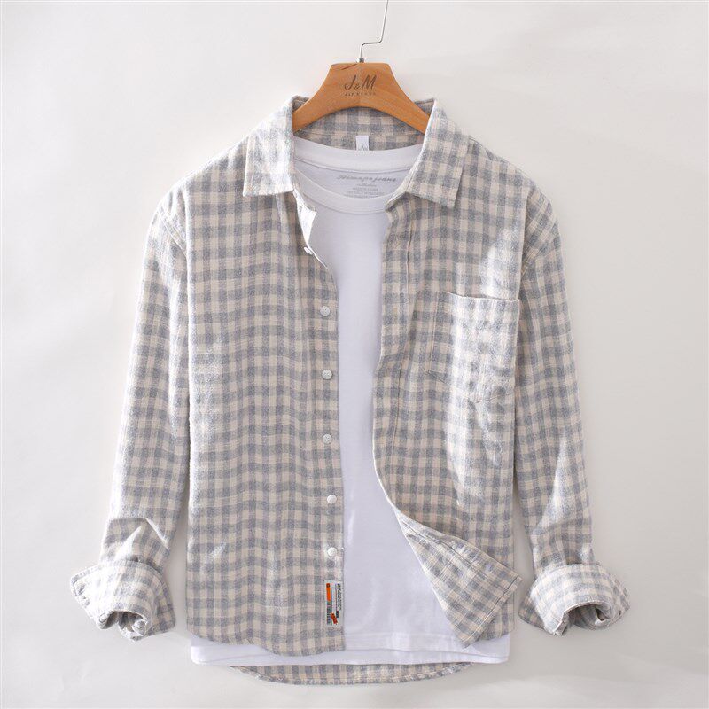 极麻复古条纹薄款百搭长袖衬衫男士格子休闲宽松青年舒适纯棉衬衣