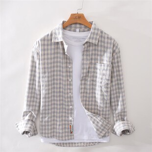 极麻复古条纹薄款百搭长袖衬衫男士格子休闲宽松青年舒适纯棉衬衣