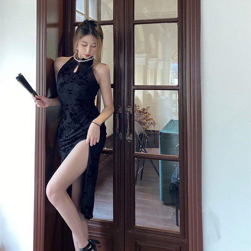 黑色植绒改良版旗袍连衣裙年轻少女性感夏季新款高级感包臀长裙子