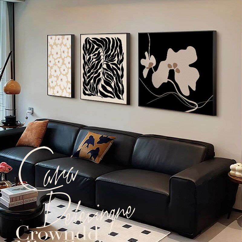 中古风三联客厅挂画黑白复古组合画抽象高级沙发背景墙极简装饰画