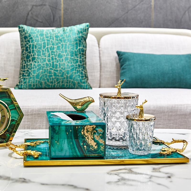 高端绿玛瑙纹流金纸巾盒托盘储物罐套装 客厅样板房家居软装摆设