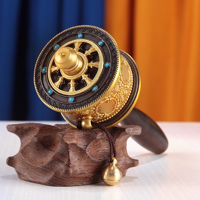 多款慧宝手摇转金轮大小号藏传黄铜手摇转动筒莲花底座黄铜实木