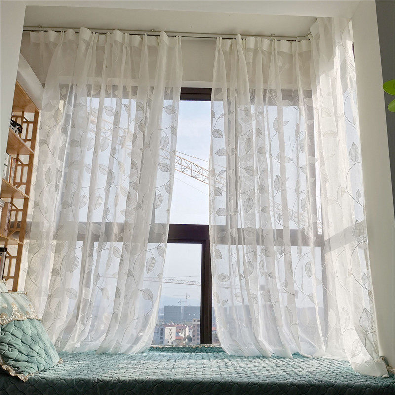 免打孔魔术贴窗帘窗纱帘叶子小清新自粘式北欧简约卧室窗帘布白色