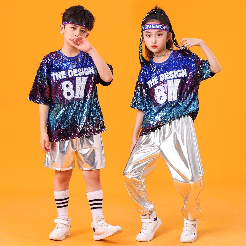 六一儿童啦啦队演出服男女童爵士街舞架子鼓亮片服装幼儿园表演服