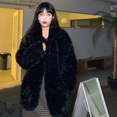 2021冬季新款复古气质黑色仿兔毛刷花毛毛绒外套女中长款皮草大衣