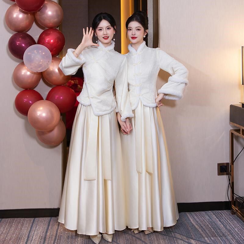伴娘服秋冬装2024新款加厚保暖中式姐妹团礼服裙女高级感长袖冬季