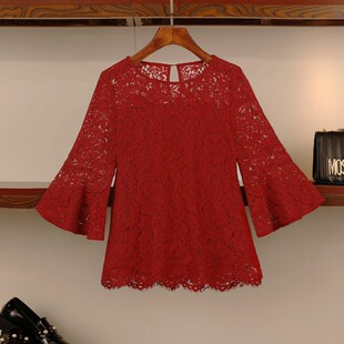 2024女春秋季新品镂空睫毛蕾丝打底衫宽松圆领七分喇叭袖女士上衣