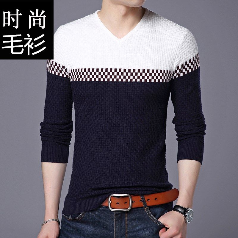 男装拼接薄款针织衫长袖T恤显瘦条纹心领纹路质感打底衫衣V领外套