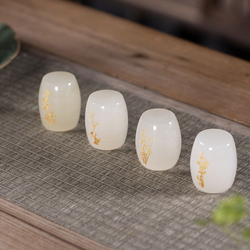 福京高端玉石茶具茶碗盖置茶宠把玩创意茶道配件雕花盖托子小摆件