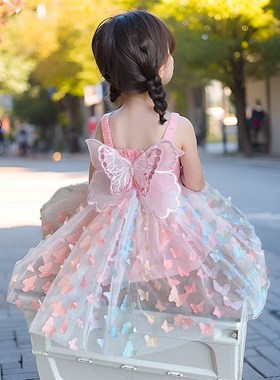女童2024夏季儿童立体大蝴蝶结女孩公主网纱背心珍珠吊带连衣裙
