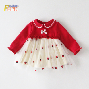 女童宝宝秋冬装连衣裙服加绒婴儿童公主裙子红色初冬季1一2岁生日