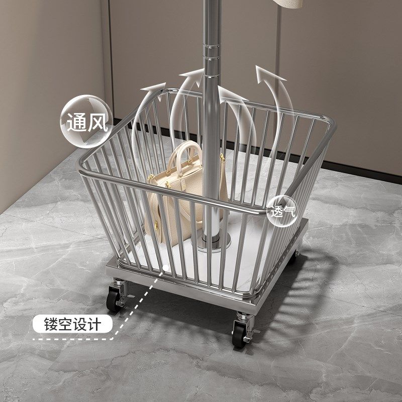 可移动式带轮衣帽架落地卧室衣服挂架轻奢风铁艺衣架脏衣篓挂衣架