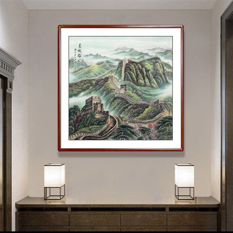 国画斗方长城雄风正方形无水靠山画办公室挂画纯手工原稿带框装饰
