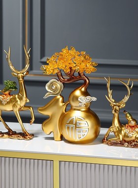 新中式招财水晶树福鹿桌面摆件客厅酒柜电视柜装饰品乔迁新春礼品