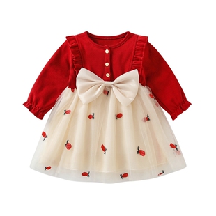 女宝宝周岁礼服秋装女童红色连衣裙婴儿满月百天抓周宴裙子公主裙