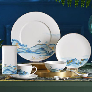 中式 酒店摆台陶瓷餐具五件套盘碗碟勺杯筷餐厅会所山水画餐具套装
