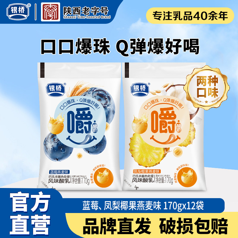 银桥牛奶嚼酸奶凤梨椰果蓝莓燕麦味170g*12袋多口味混合风味酸乳
