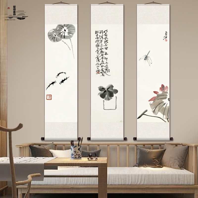 齐白石禅意花鸟画简约新中式客厅入户玄关挂画五福迎门葫芦丝绸画