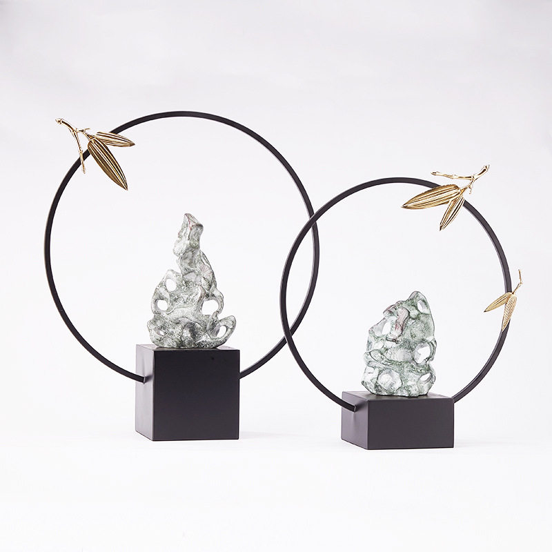 现代新中式创意铁艺太湖石竹叶玄关软装饰品摆件客厅酒店工艺品