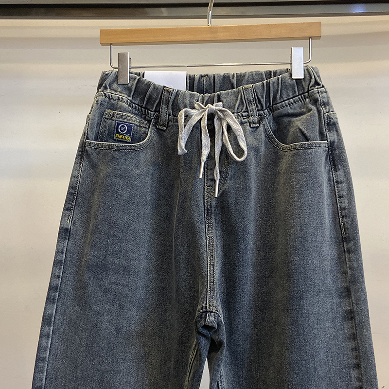 春秋新款b休闲松紧腰宽松长裤男女港风老爹直筒烟灰色系绳牛仔裤