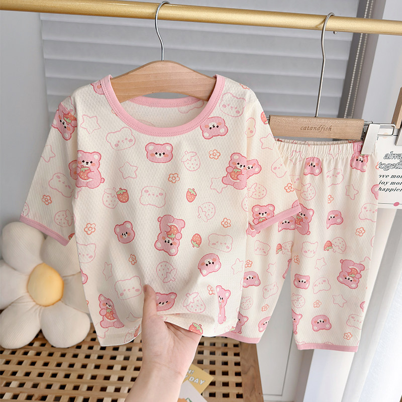 儿童纯棉空调服套装n男童宝宝夏季长袖睡衣裤两件套女小童春秋外