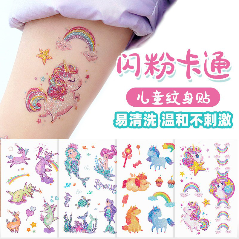 卡通闪粉纹身贴转印贴纸纹身贴儿童指甲贴w纸女孩水印防水水贴透