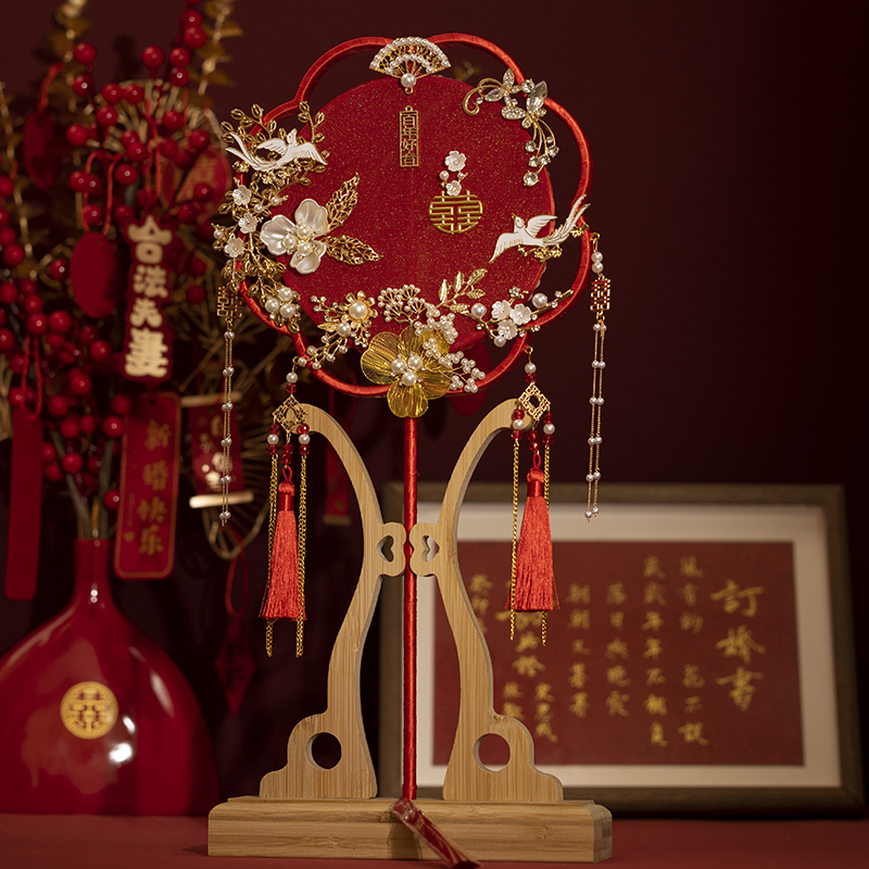 结婚新娘团扇diky材料包手工喜扇古风红色成品中式婚礼秀禾手持扇