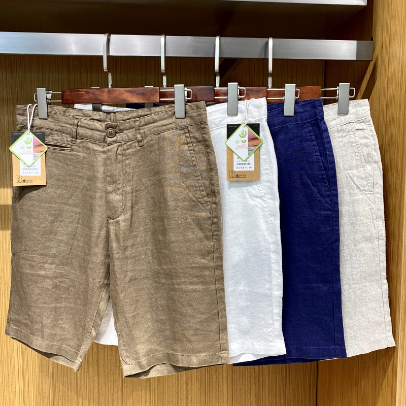 走商场订单!高端系列!100亚麻!夏季男士O透气刺绣薄款直筒短裤