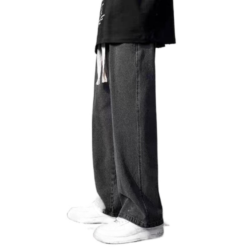 夏季新款烟灰色松紧腰加肥v加大码牛仔裤男潮美式直筒宽松阔腿长