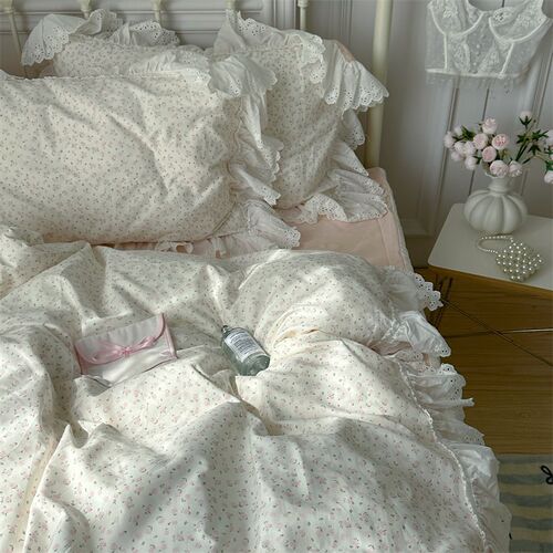 梨梦 花韵 复古小碎花4u0支纯棉四件套全棉床单被套床裙床上用品