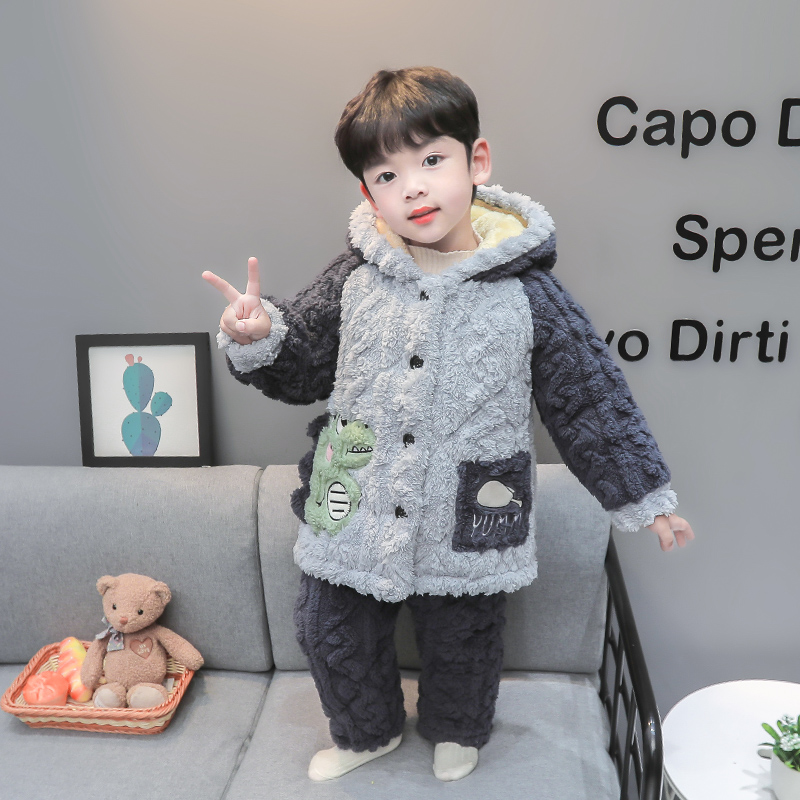 男童睡衣裤套组冬季n三层夹棉加厚男宝宝法兰绒冬装儿童珊瑚绒家